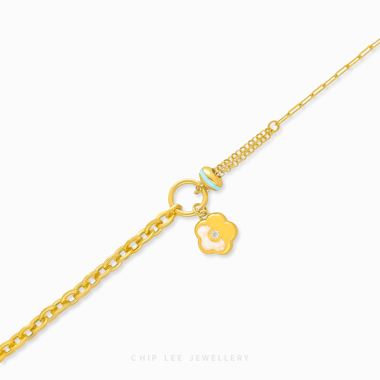 Mother-of-Pearl Enamel Flower Bracelet in solid 916 gold with exquisite floral design, hallmarked in Singapore for certified purity.