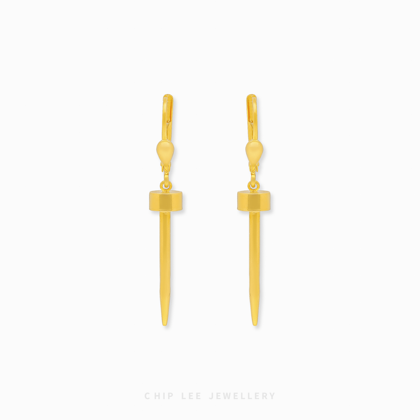 Gold spike earrings on a white background with 'Chip Lee Jewellery' branding.