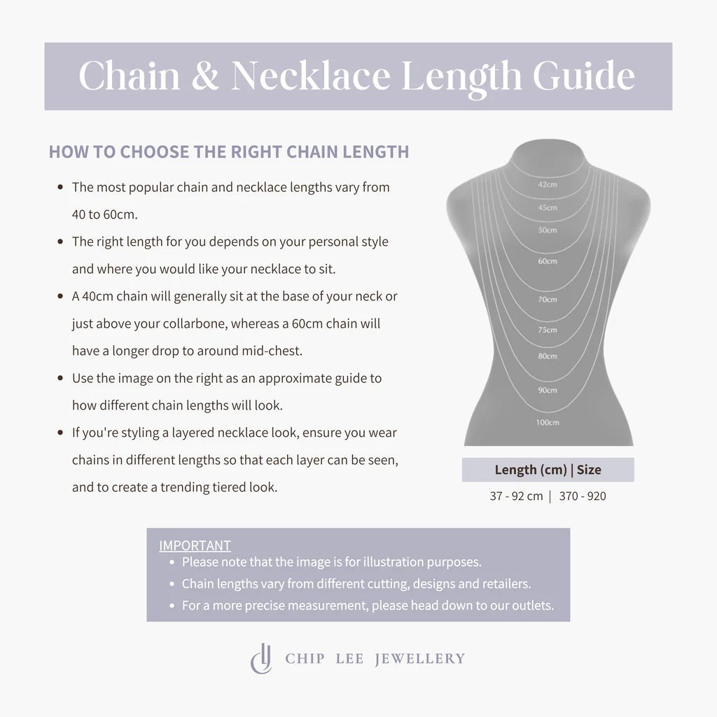 Necklace size chart for Chip Lee Jewellery gold necklaces for customers choose the ideal length for certified gold jewellery.
