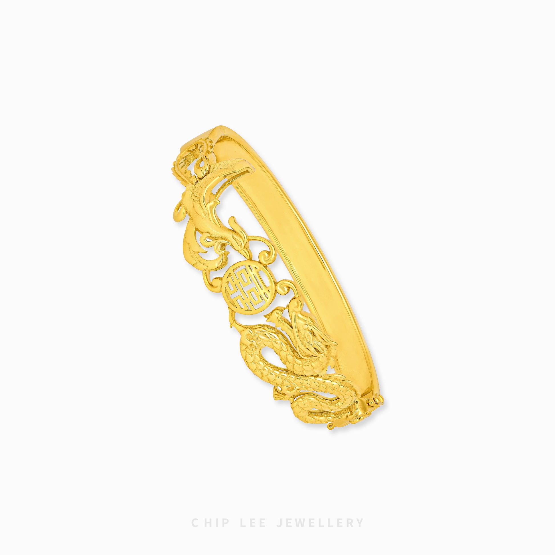 Phoenix and Dragon "龙凤" Joyous Unity Bangle by Chip Lee Jewellery Singapore, 916/22K gold, intricate design symbolizing harmonious union and prosperity.