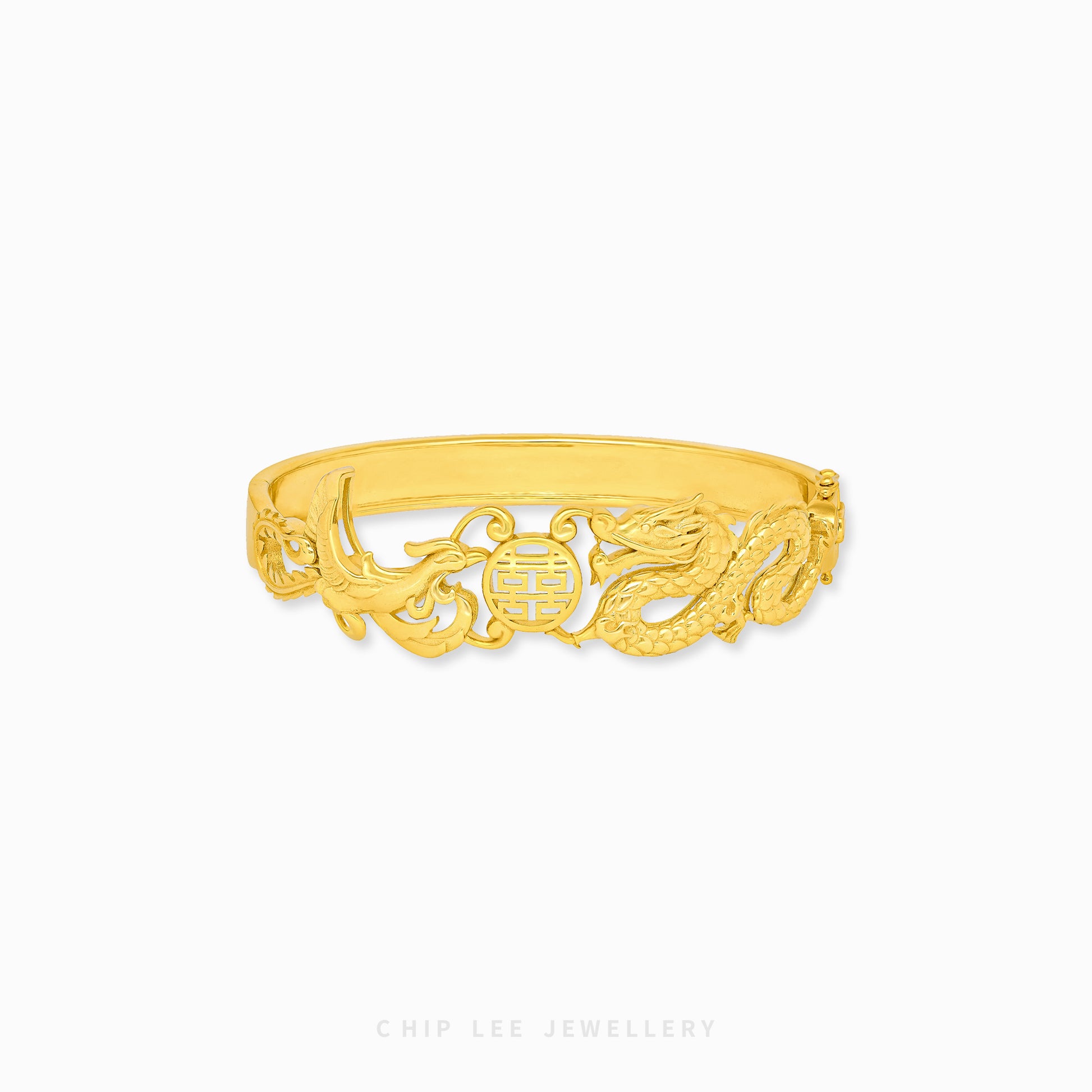 Phoenix and Dragon "龙凤" Joyous Unity Bangle by Chip Lee Jewellery Singapore, 916/22K gold, intricate design symbolizing harmonious union and prosperity.