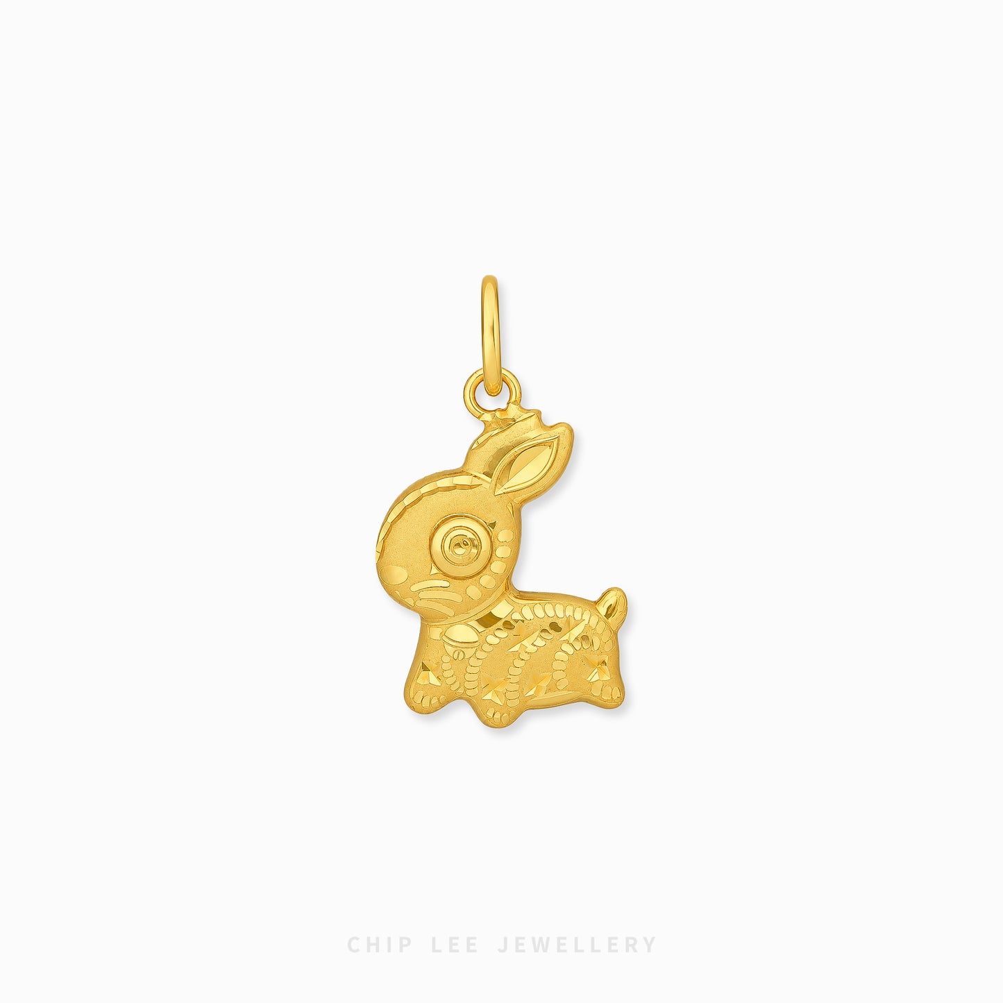 A polished yellow gold rabbit charm pendant with detailed engravings, shown on a clean white background with the brand name 'CHIP LEE JEWELLERY' printed at the bottom.