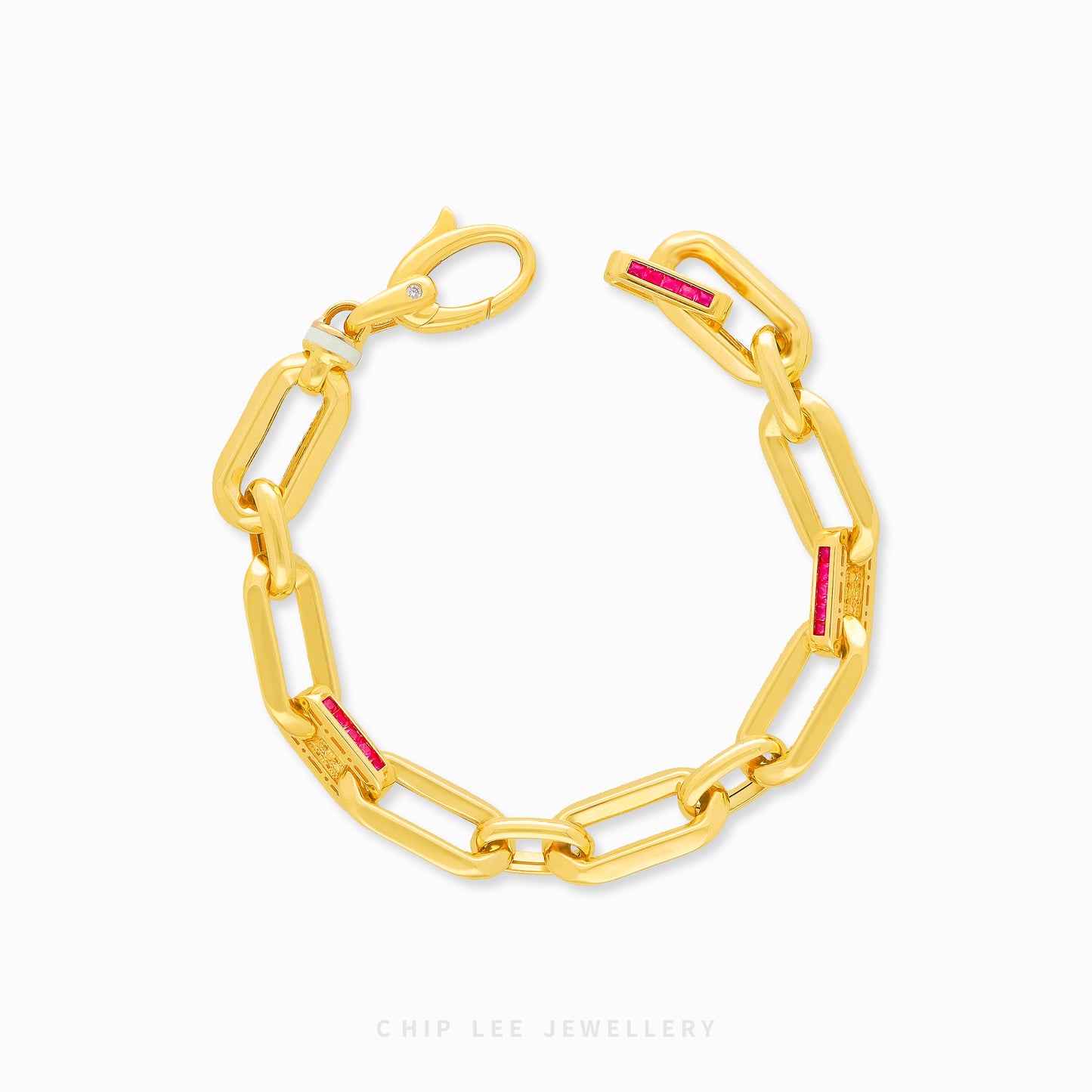 916 gold link bracelet with red cubic zirconia. Hallmarked by Singapore Assay Office for certified purity and authenticity.
