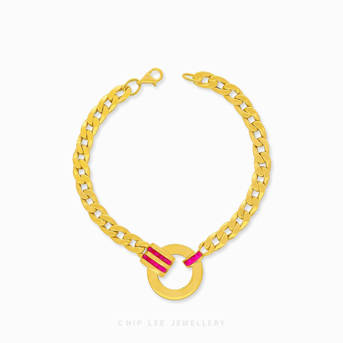 916 gold circular chain bracelet with red cubic zirconia. Hallmarked by Singapore Assay Office for certified purity and authenticity.