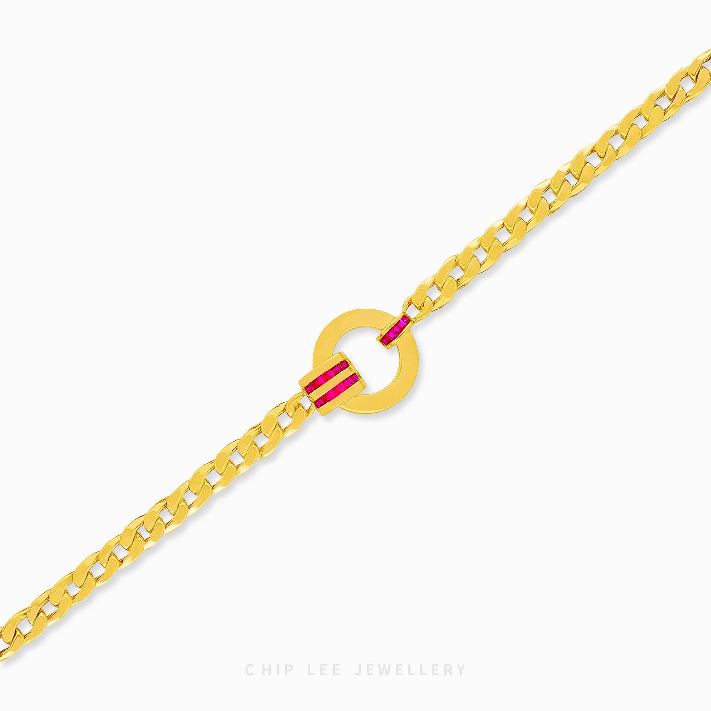 916 gold circular chain bracelet with red cubic zirconia. Hallmarked by Singapore Assay Office for certified purity and authenticity.