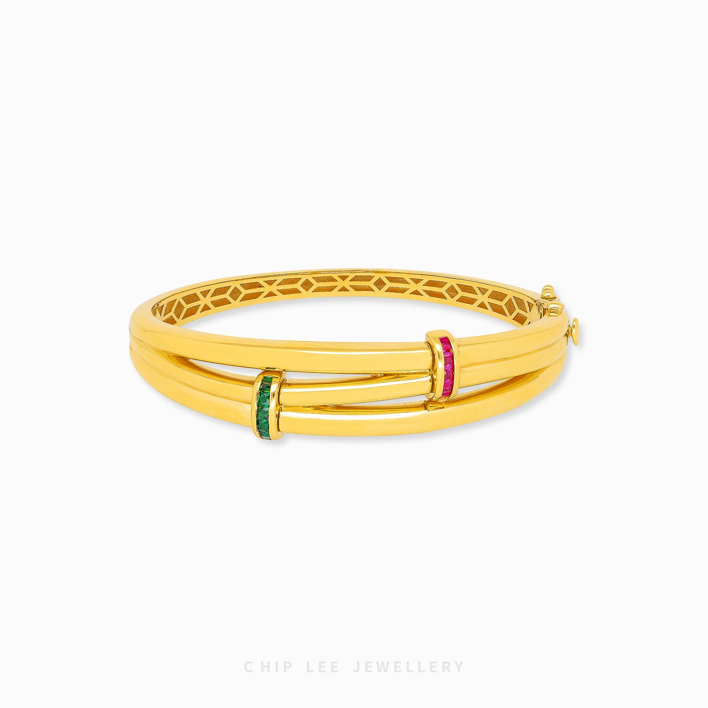 Bold 916 gold bangle featuring ruby and emerald tone cubic zirconia design. Hallmarked by Singapore Assay Office for certified purity and authenticity.