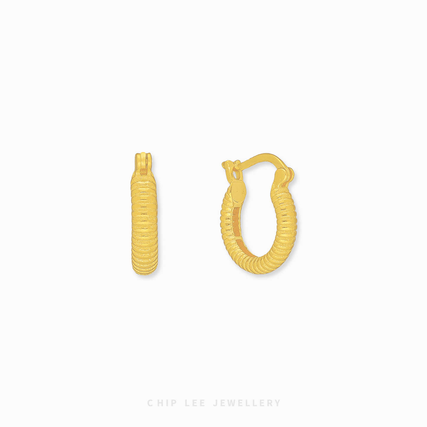 Chip Lee Jewellery Singapore Ribbed Hoop Earrings 916 Gold for women. Contemporary textured gold hoops. Elegant daily wear accessory.
