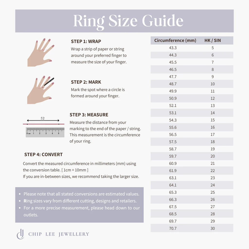 Ring size chart for Chip Lee Jewellery 916 gold rings, helping customers find the right fit for certified solid gold jewellery.