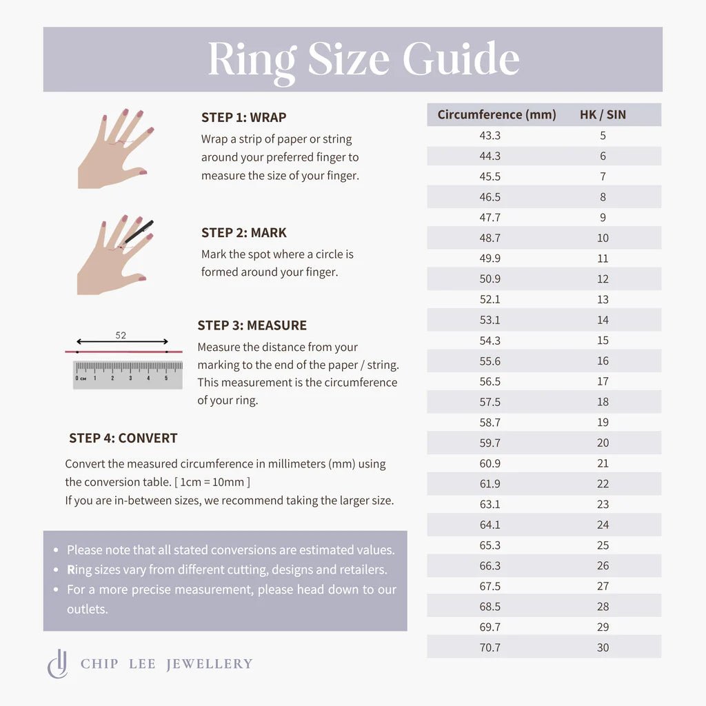 Ring size chart for Chip Lee Jewellery 916 gold rings, guiding customers to find the perfect fit for certified solid gold items.