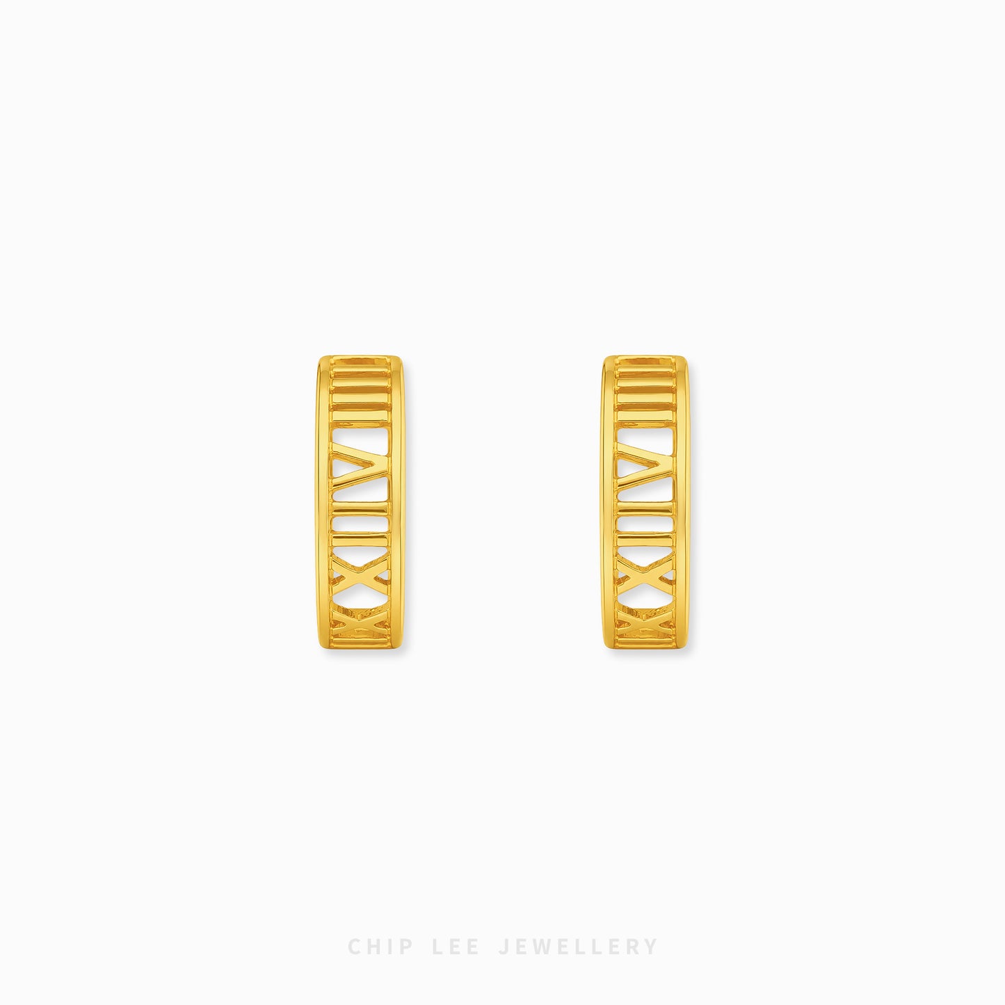 A pair of gold huggie hoop earrings with a geometric openwork design, shown from two angles on a light gray background with the brand name 'CHIP LEE JEWELLERY' at the bottom.