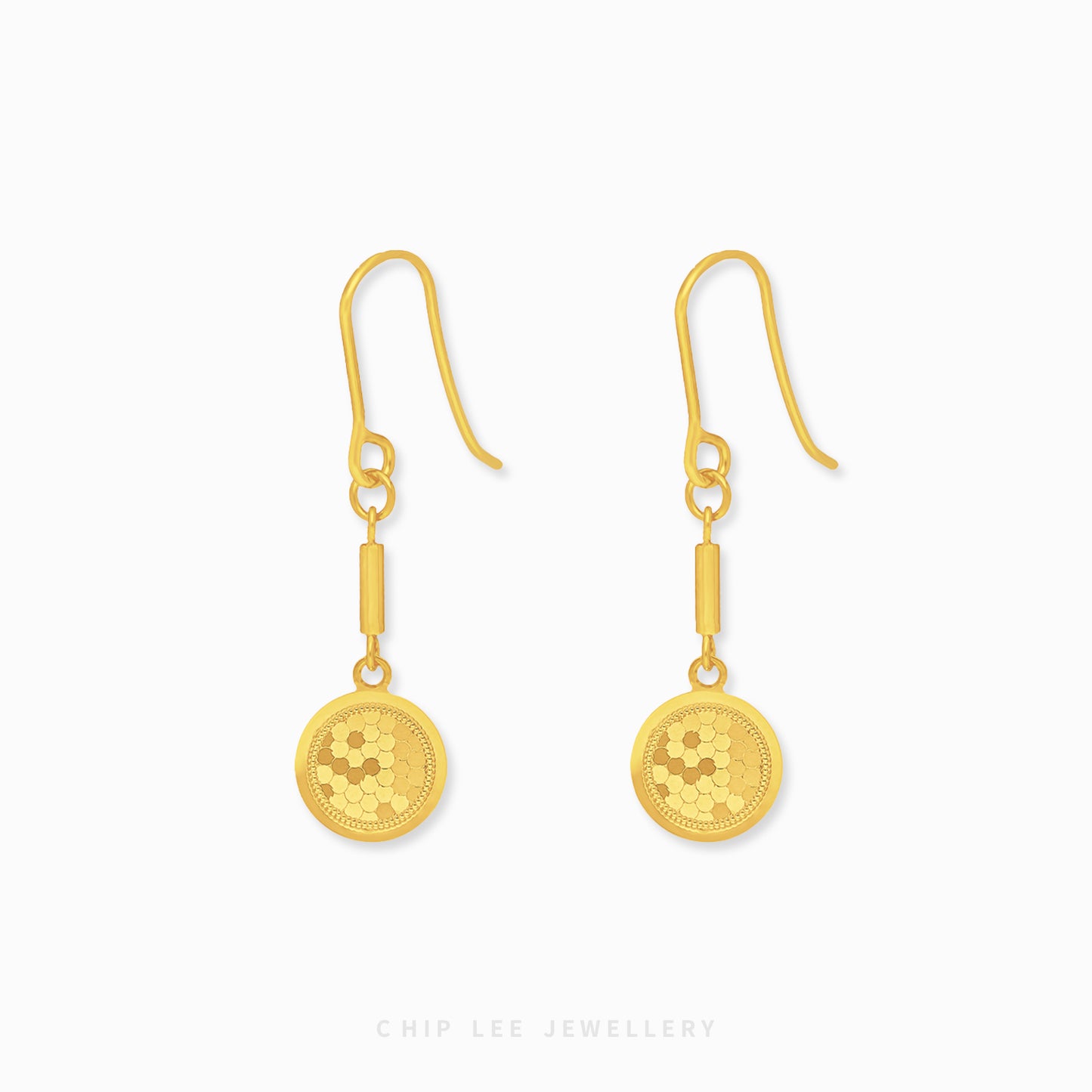 Round Honeycomb Dangling Earring with geometric design in 916 gold by Chip Lee Jewellery Singapore
