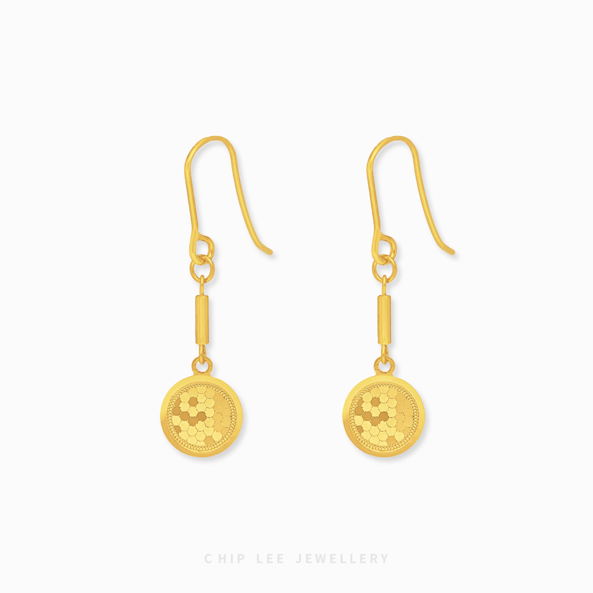 Round Honeycomb Dangling Earring with geometric design in 916 gold by Chip Lee Jewellery Singapore