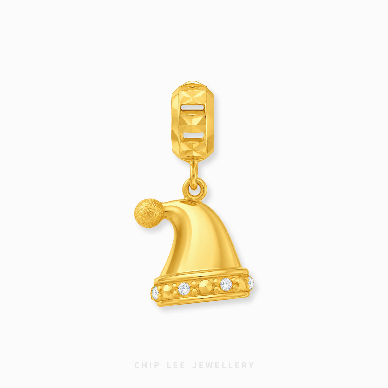 A gold Santa hat dangle charm with a textured top clasp, featuring a small row of clear rhinestones along the brim, shown on a light gray background.