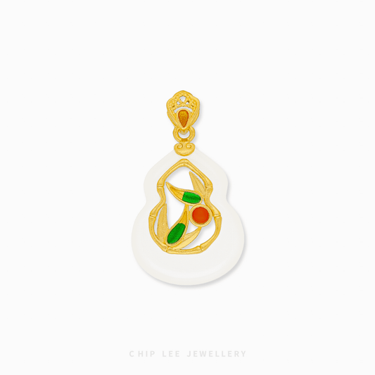 999 Pure Gold Bamboo Pendant featuring a smooth green He Tian Jade inlay, handcrafted with a matte heritage gold finish.