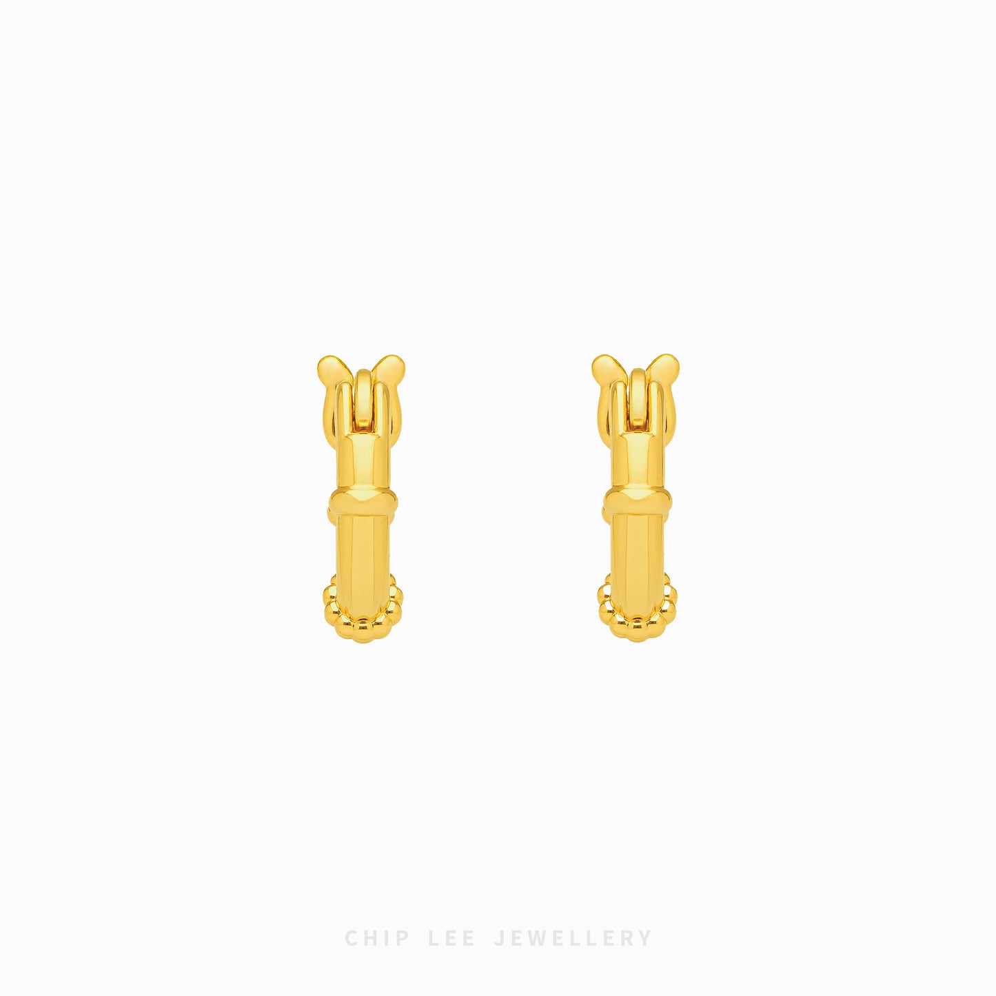 A pair of gold hoop earrings with a decorative top and bottom bead detailing, shown on a plain white background with the brand name 'CHIP LEE JEWELLERY' at the bottom.