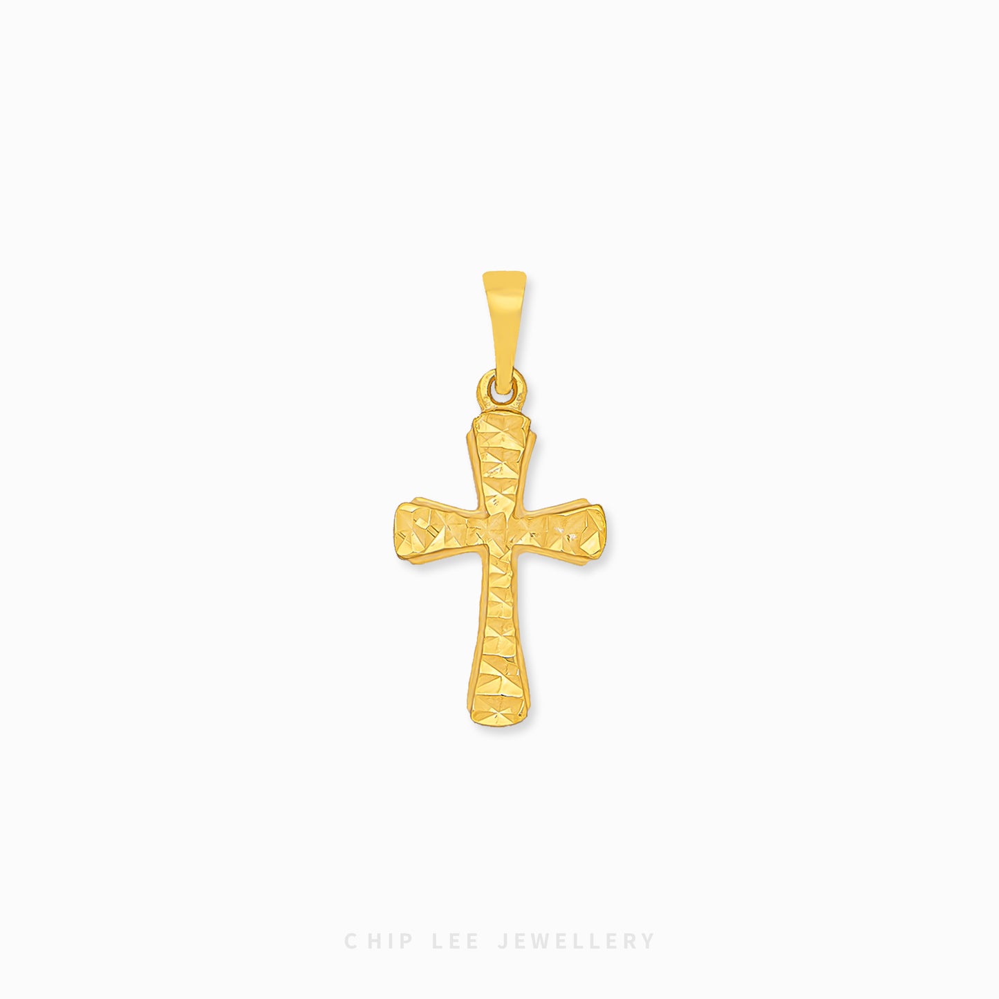 916 gold cross pendant with intricate details and a polish finish. Hallmarked in Singapore for certified purity and authenticity.