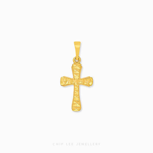 916 gold cross pendant with intricate details and a polish finish. Hallmarked in Singapore for certified purity and authenticity.