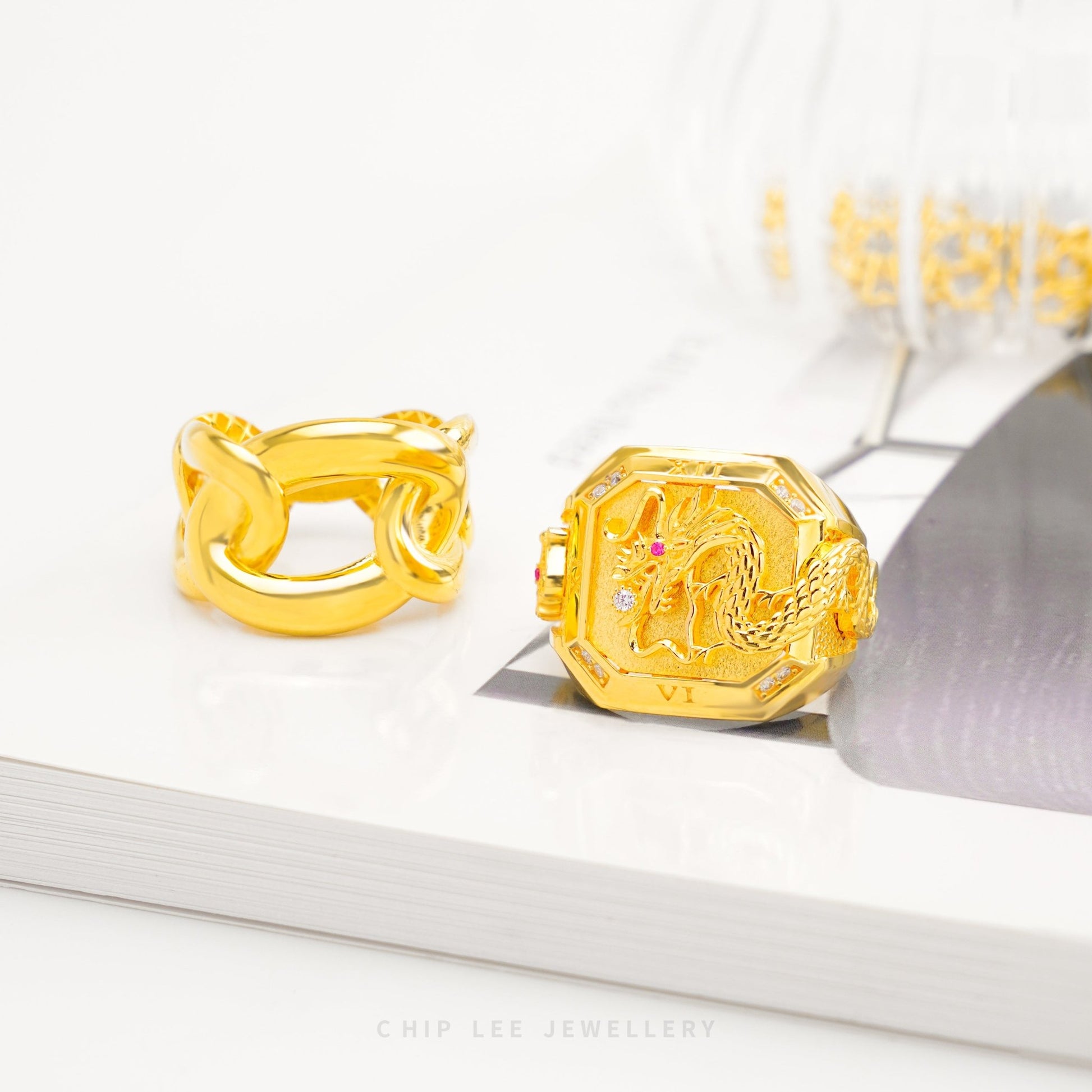 Traditional Dragon Ring with detailed dragon motif band in 916 gold by Chip Lee Jewellery Singapore
