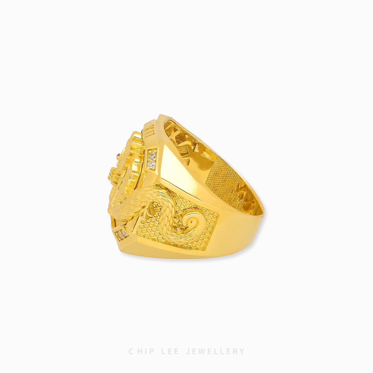 Traditional Dragon Ring with detailed dragon motif band in 916 gold by Chip Lee Jewellery Singapore