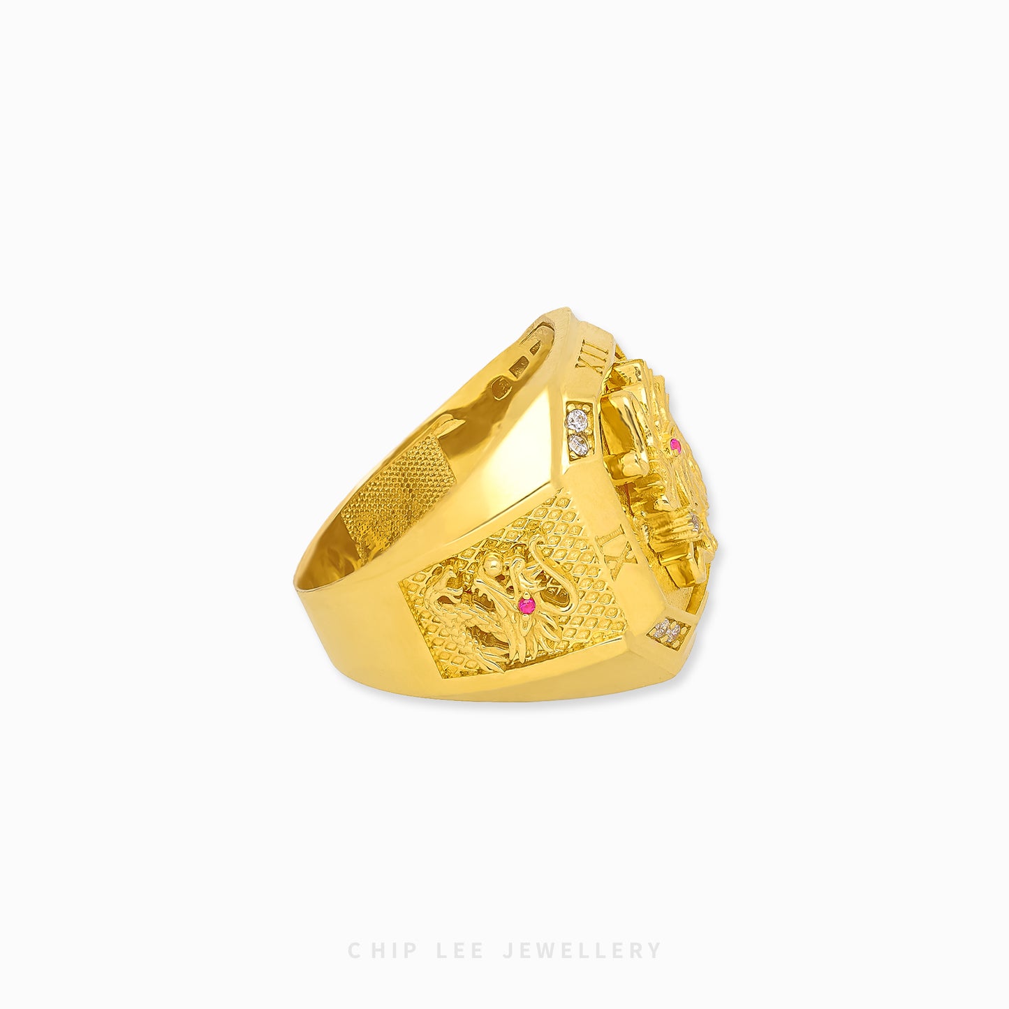 Traditional Dragon Ring with detailed dragon motif band in 916 gold by Chip Lee Jewellery Singapore