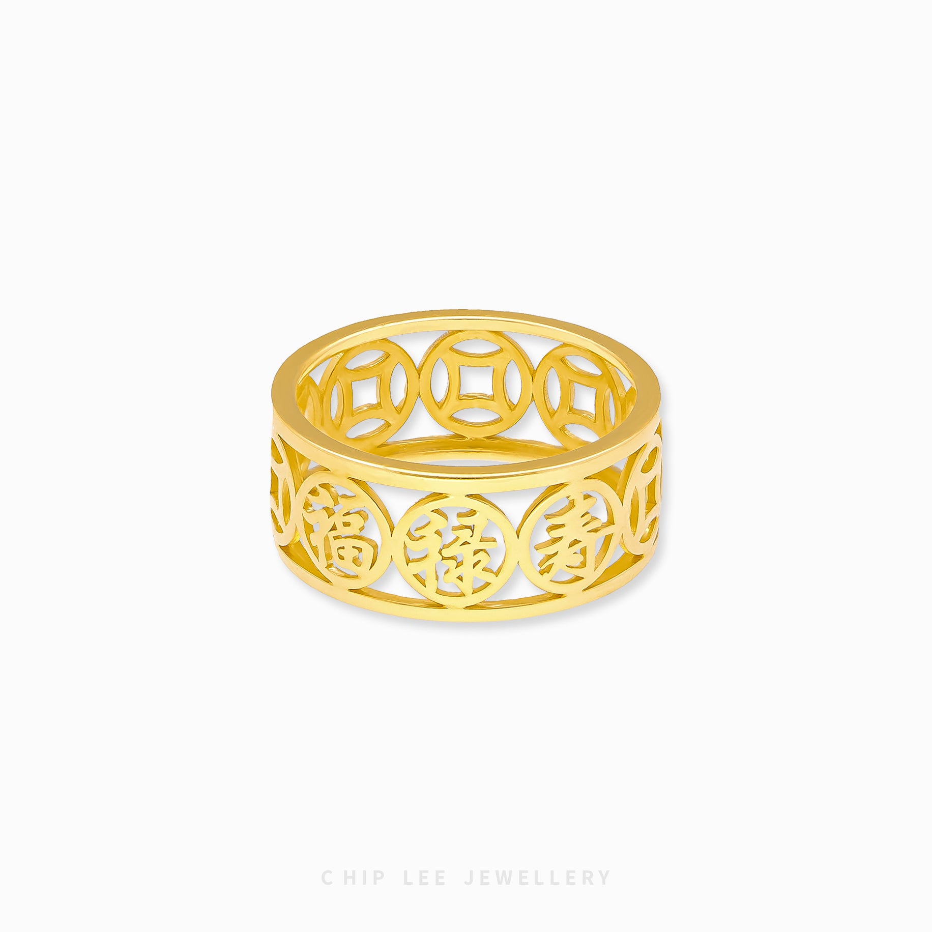 22K gold Traditional Symbol Ring with intricate Chinese motifs symbolising prosperity and heritage, crafted by Chip Lee Jewellery.