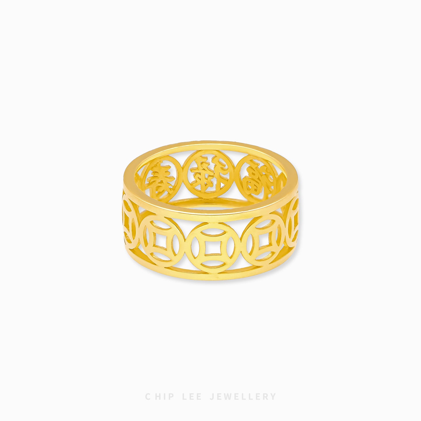 22K gold Traditional Symbol Ring with intricate Chinese motifs symbolising prosperity and heritage, crafted by Chip Lee Jewellery.