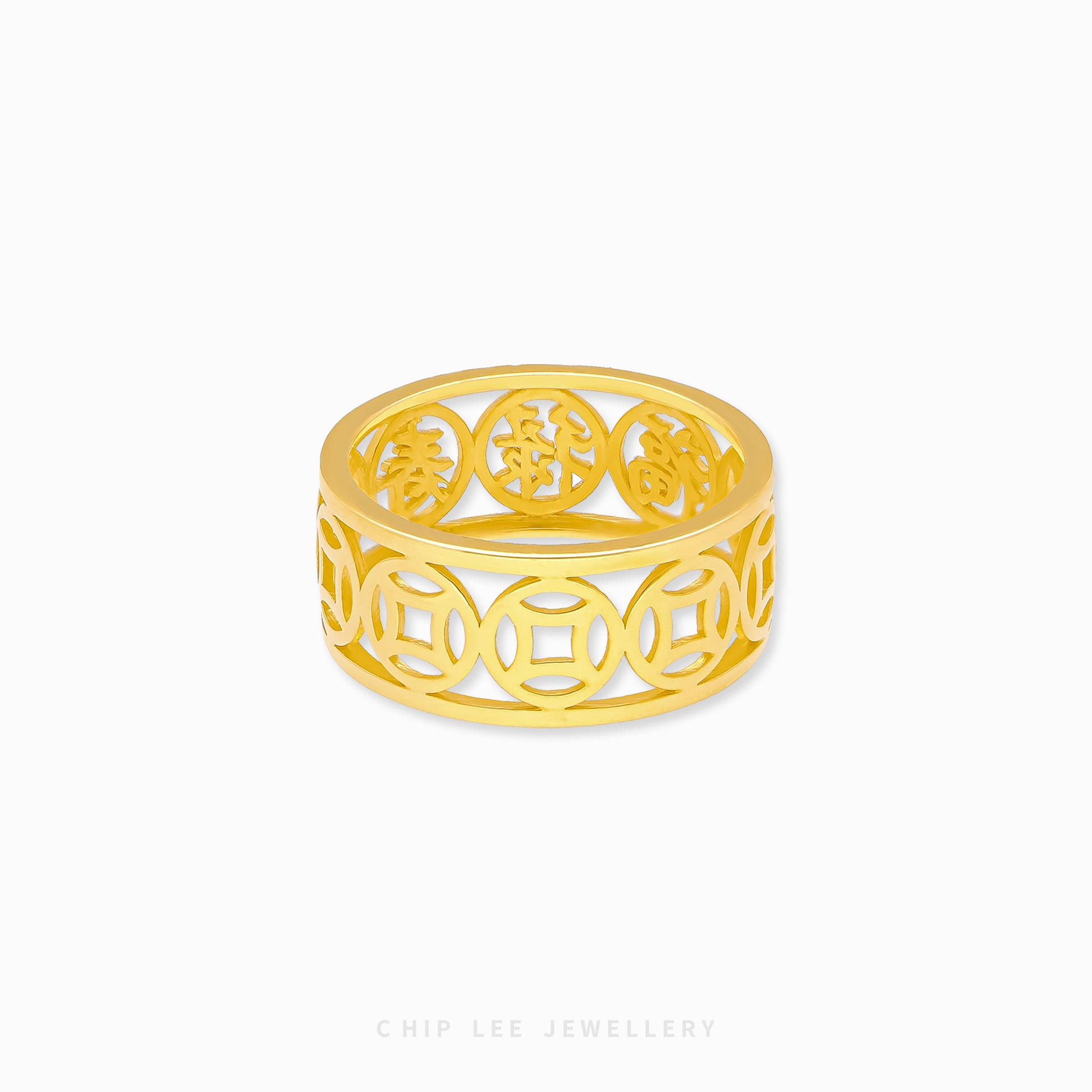 22K gold Traditional Symbol Ring with intricate Chinese motifs symbolising prosperity and heritage, crafted by Chip Lee Jewellery.