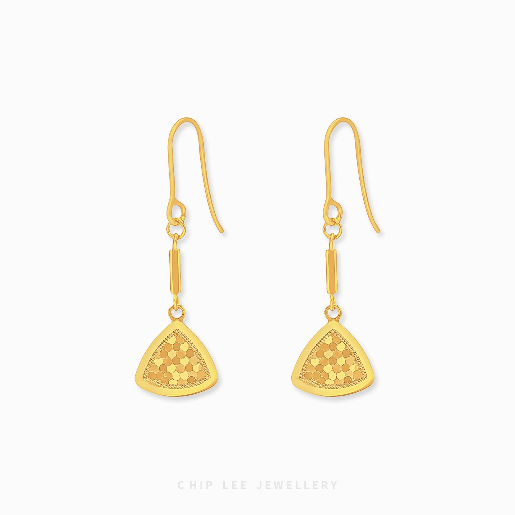 Triangular Honeycomb Dangling Earring with geometric design in 916 gold by Chip Lee Jewellery Singapore