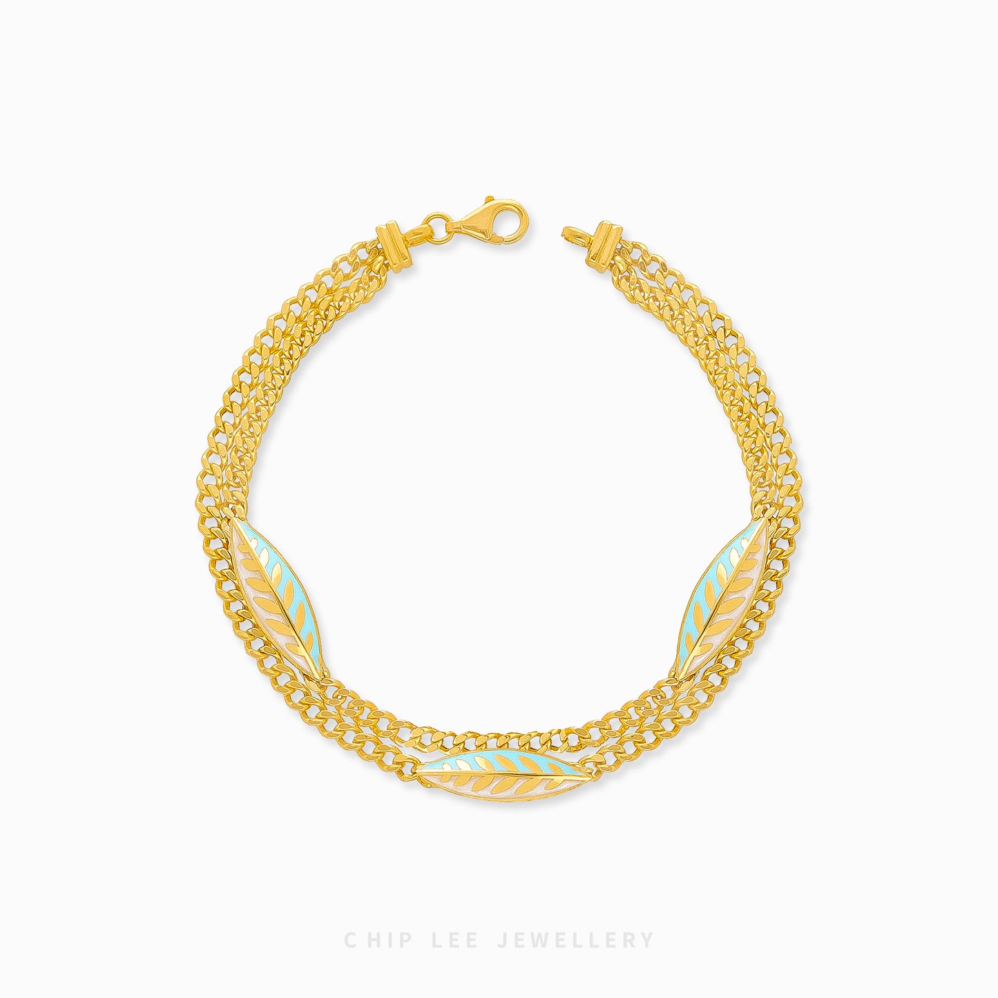 916 gold Turquoise Enamel Leaf bracelet with charm, hallmarked in SG. Lightweight and vibrant for effortless elegance.