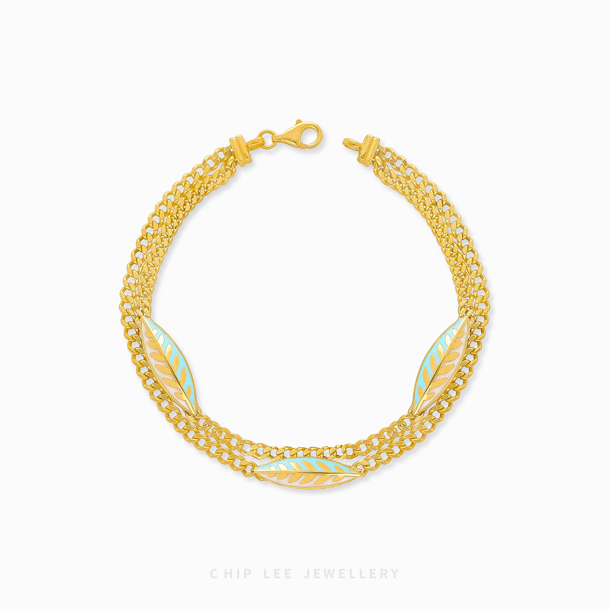 916 gold Turquoise Enamel Leaf bracelet with charm, hallmarked in SG. Lightweight and vibrant for effortless elegance.