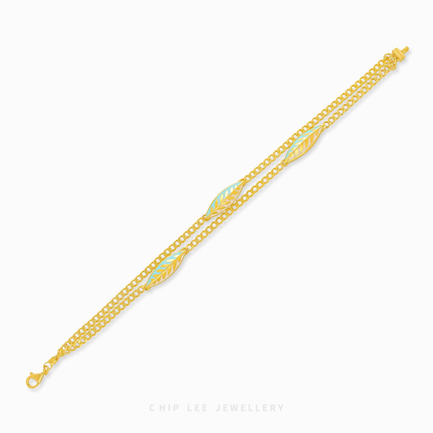 916 gold Turquoise Enamel Leaf bracelet with charm, hallmarked in SG. Lightweight and vibrant for effortless elegance.