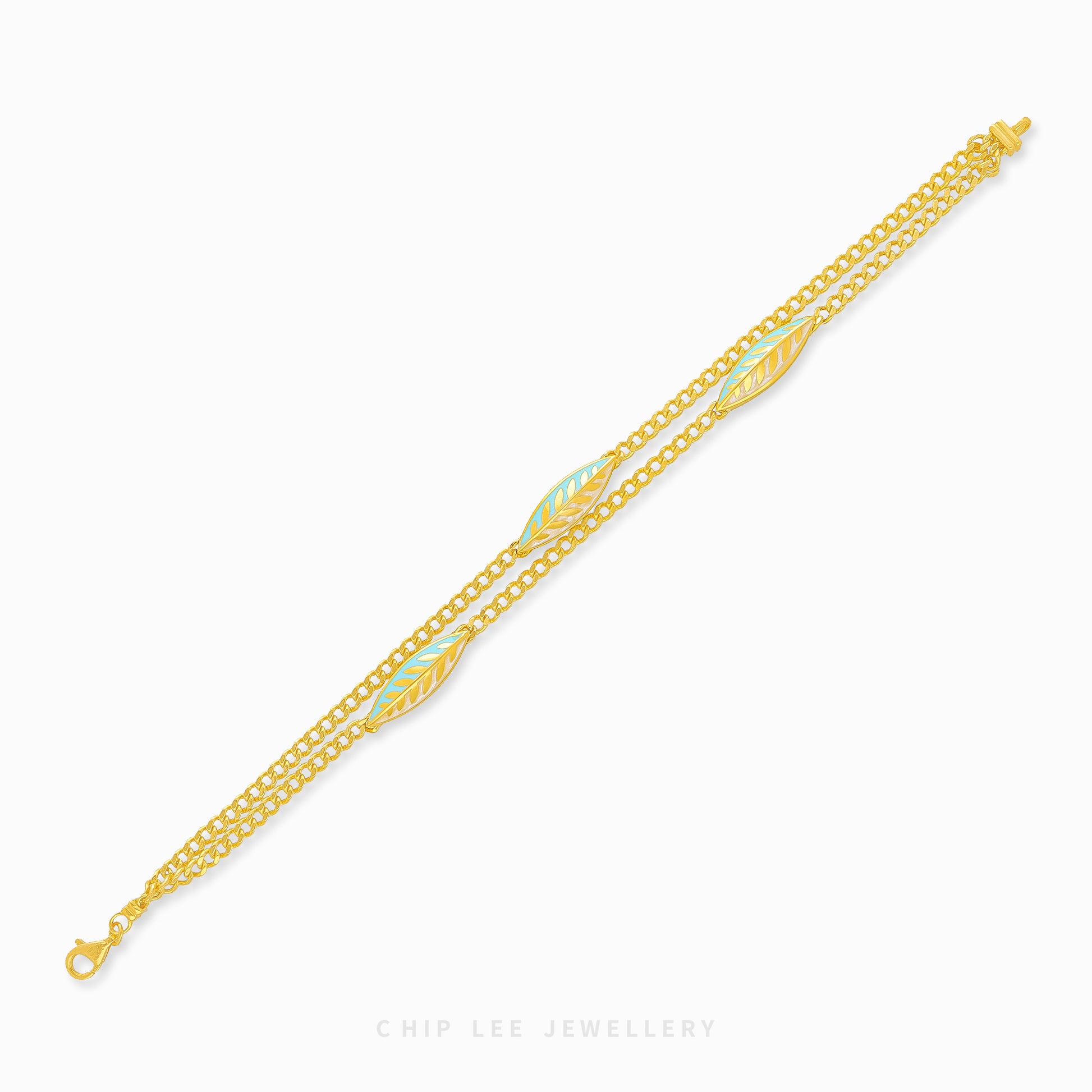 916 gold Turquoise Enamel Leaf bracelet with charm, hallmarked in SG. Lightweight and vibrant for effortless elegance.