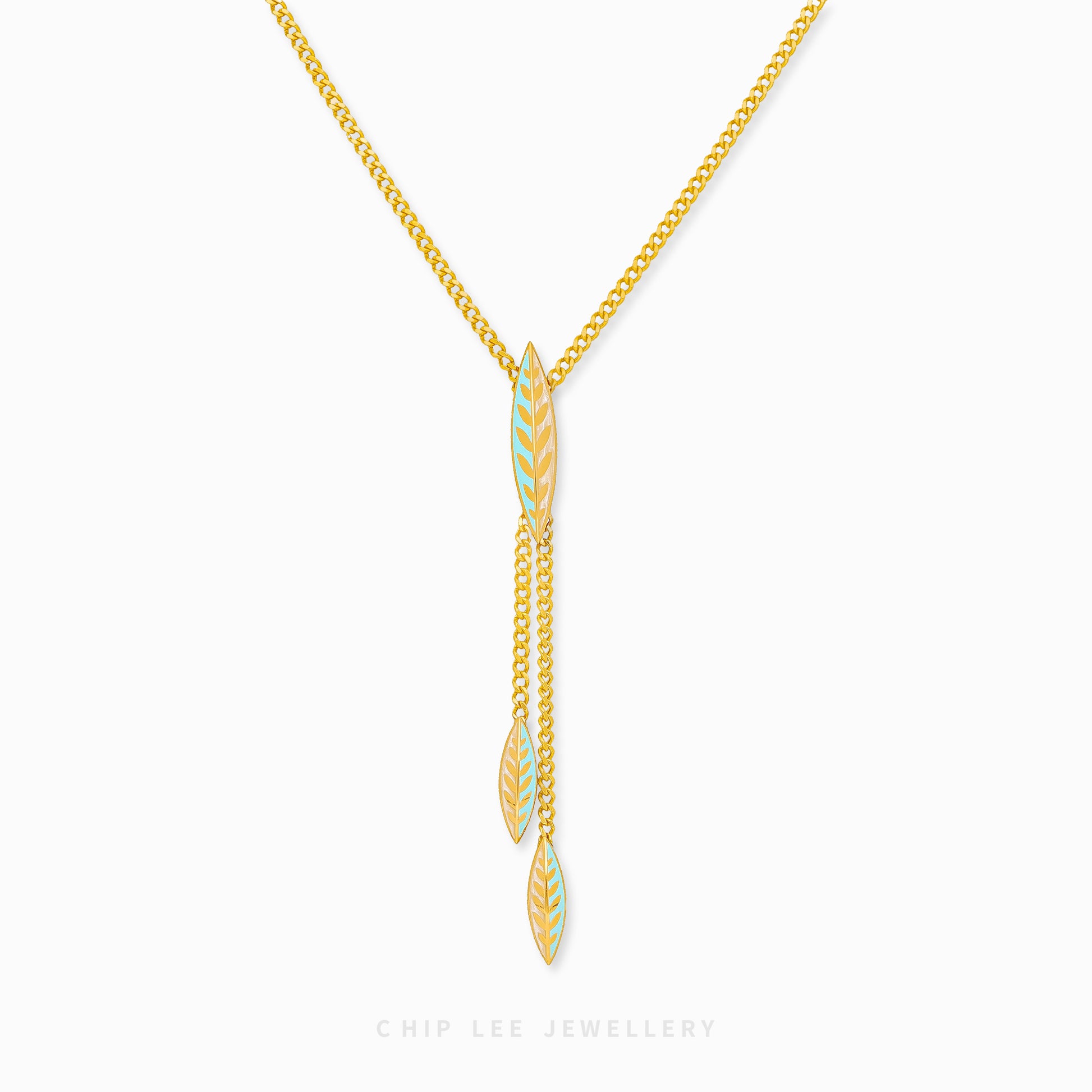 916 gold Turquoise Enamel Leaf bracelet with charm, hallmarked in SG. Lightweight and vibrant for effortless elegance.