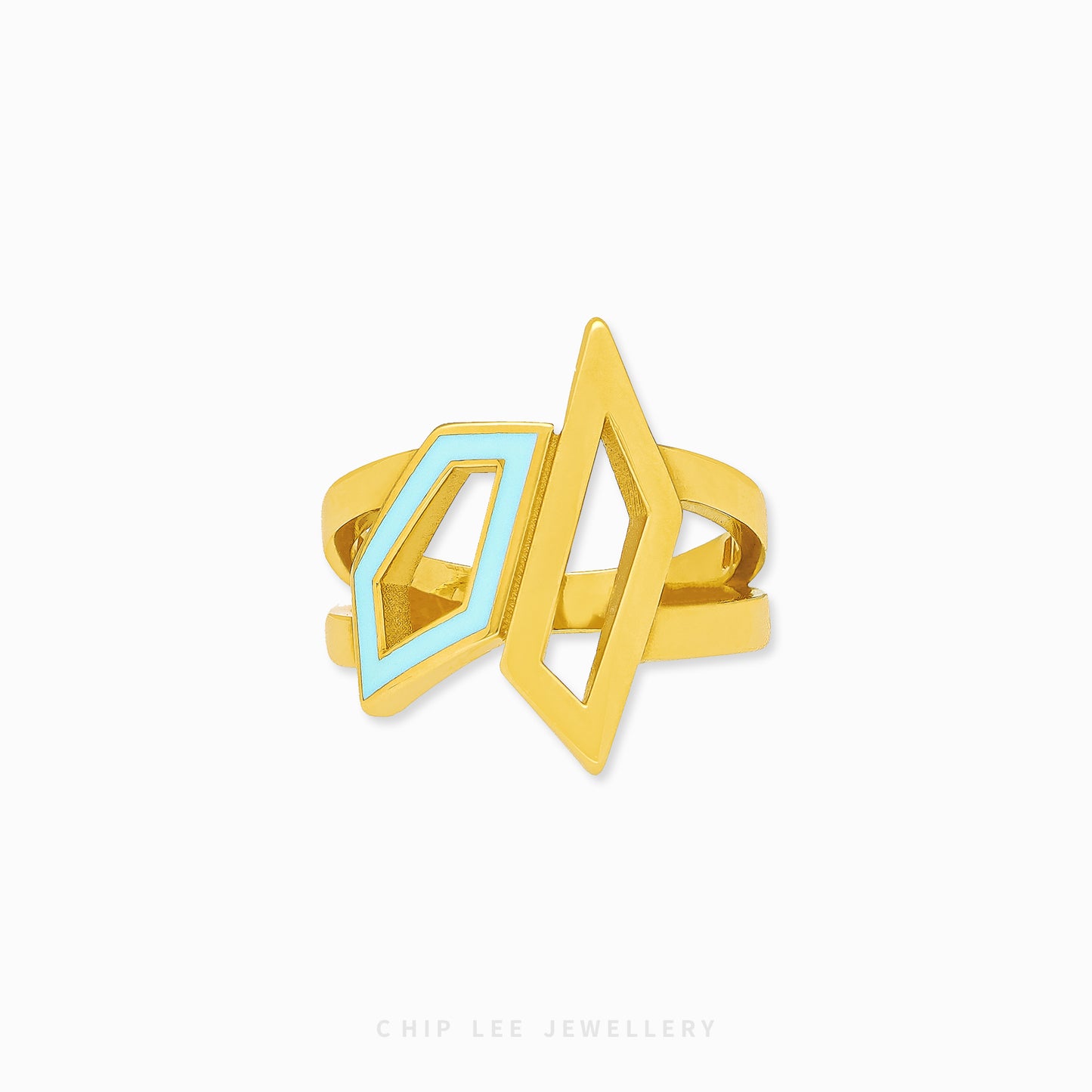 Solid 916 gold Turquoise White Enameled Shards Ring with geometric design, hallmarked by Singapore Assay Office for certified purity and authenticity.