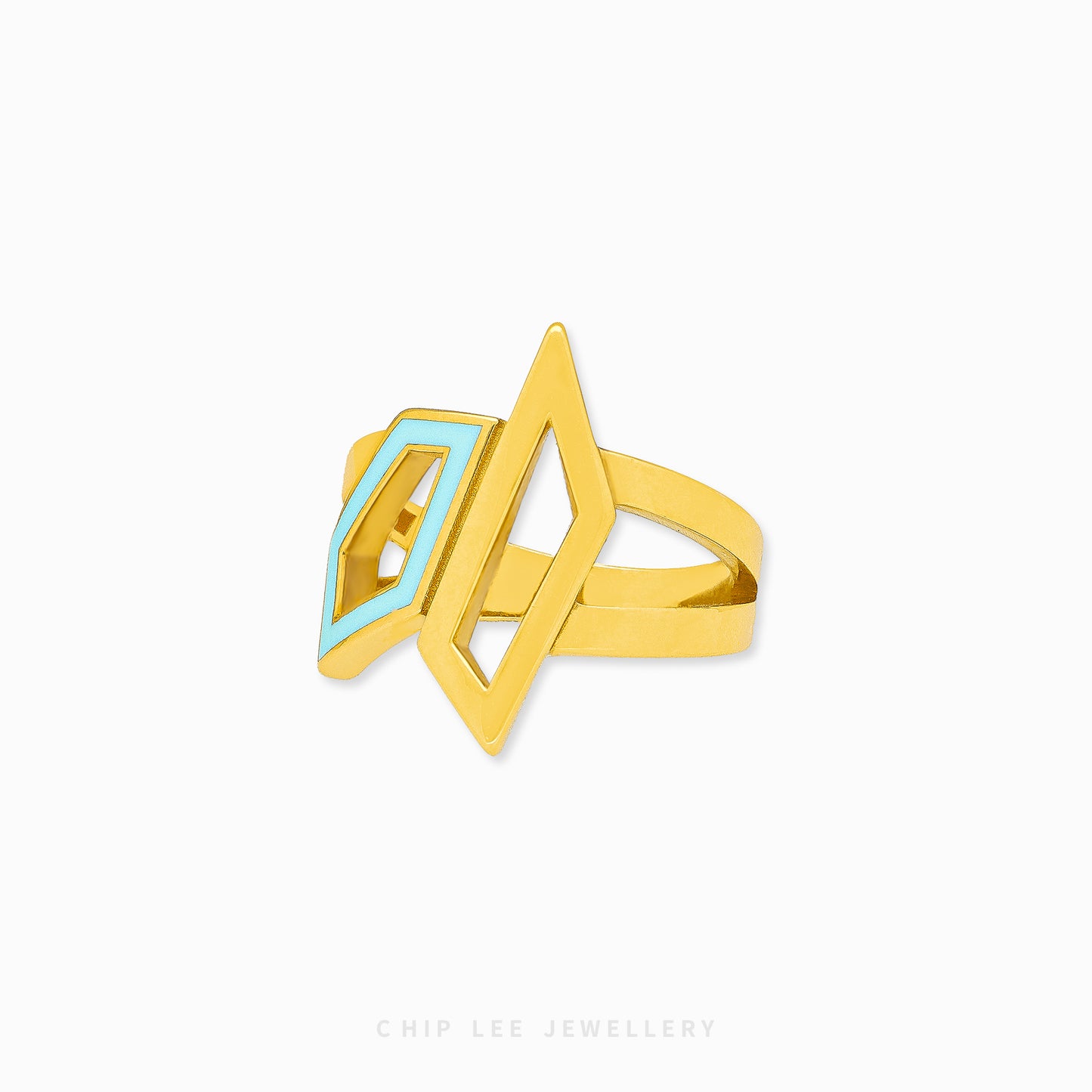 Solid 916 gold Turquoise White Enameled Shards Ring with geometric design, hallmarked by Singapore Assay Office for certified purity and authenticity.