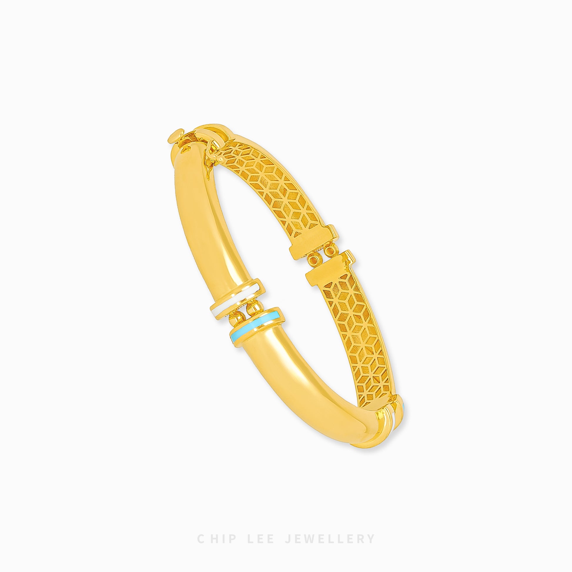Turquoise White Enameled Bangle in solid 916 gold and hallmarked in Singapore for certified purity and authenticity.