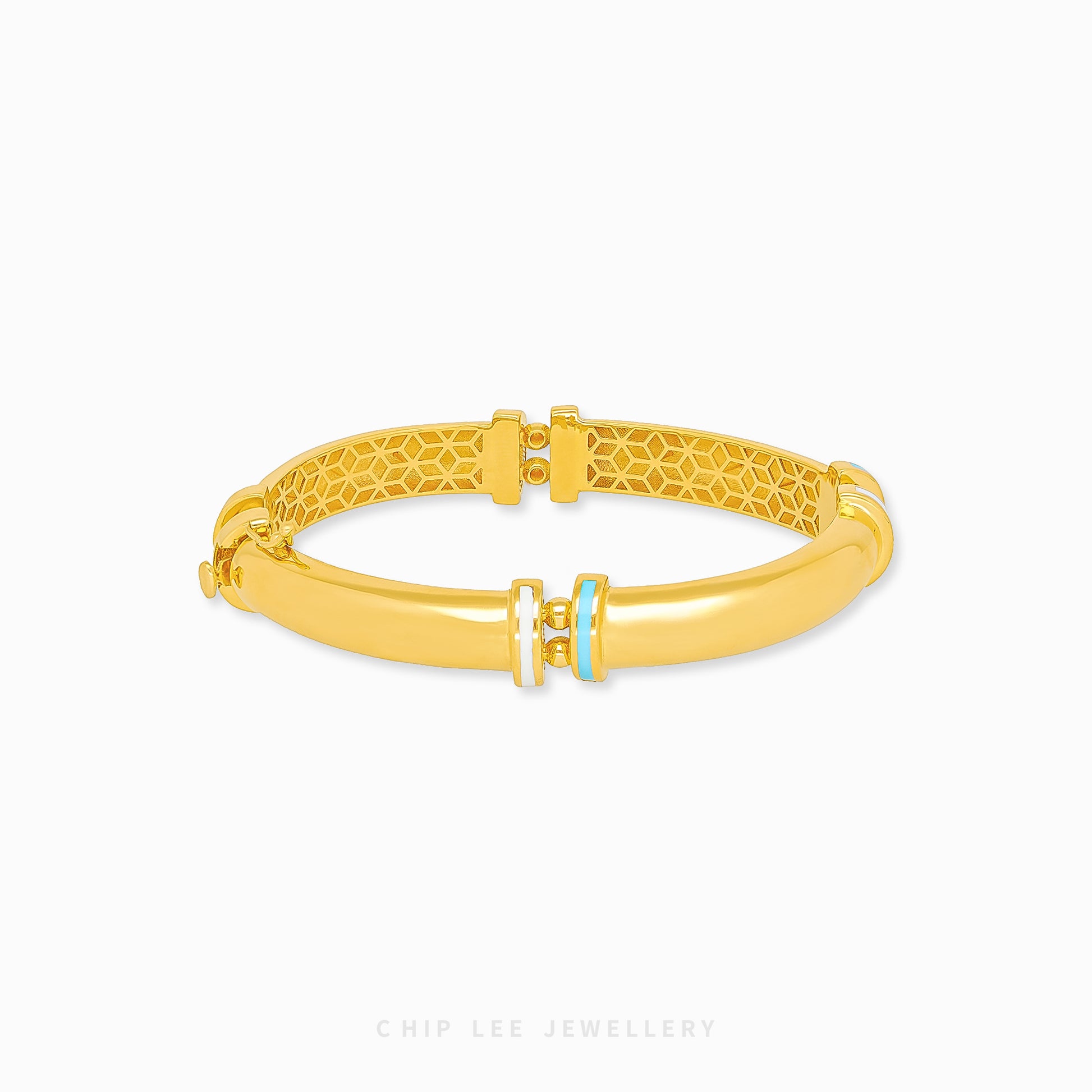 Turquoise White Enameled Bangle in solid 916 gold and hallmarked in Singapore for certified purity and authenticity.