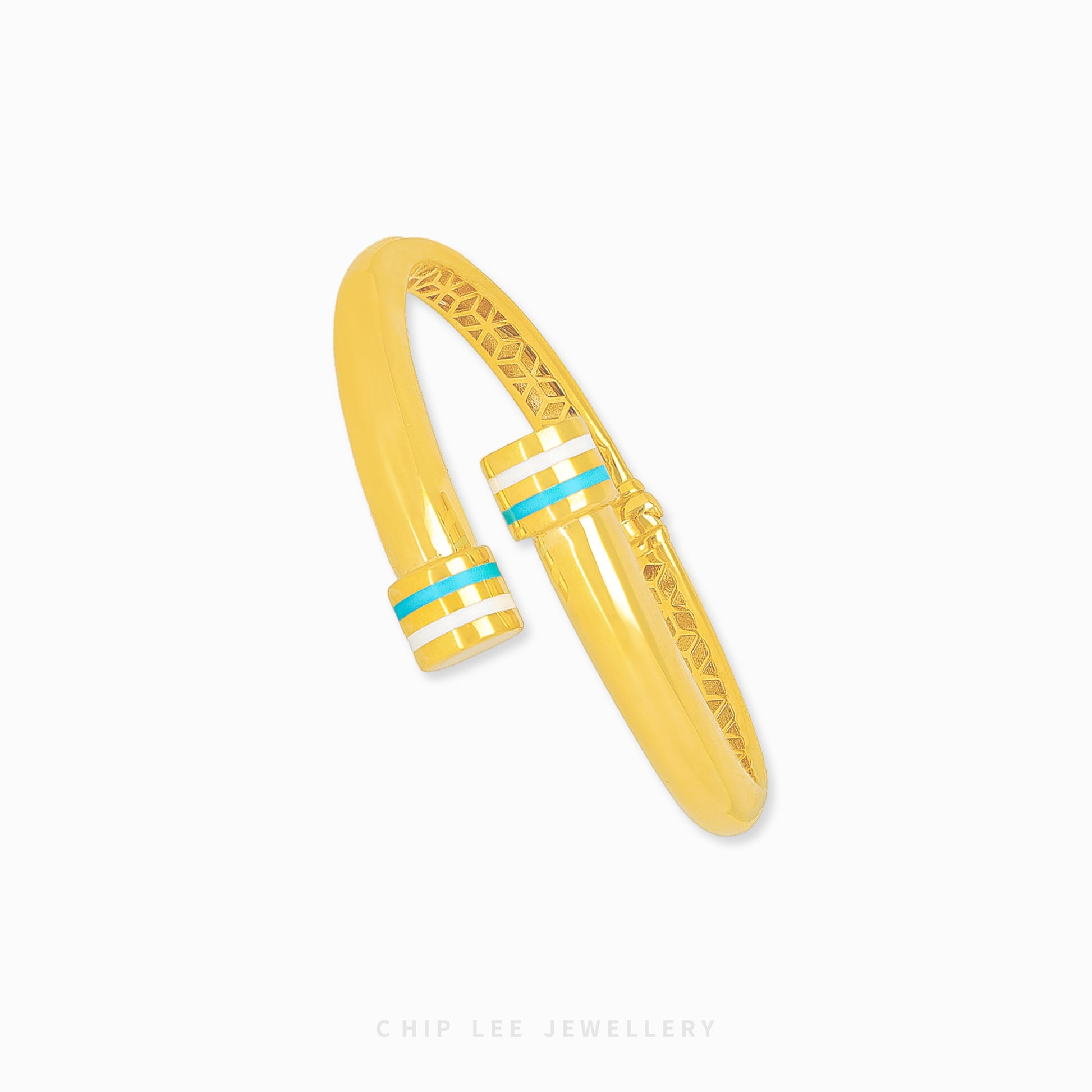 916 gold Turquoise & White Enameled Cuff Bangle, hallmarked in Singapore for certified purity and authenticity.