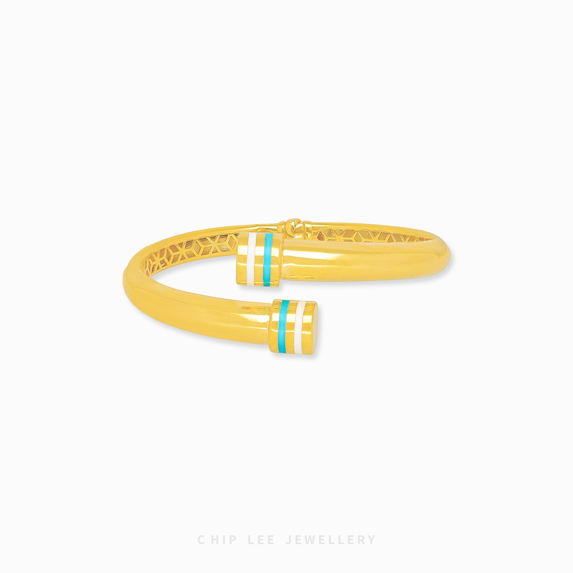 916 gold Turquoise & White Enameled Cuff Bangle, hallmarked in Singapore for certified purity and authenticity.