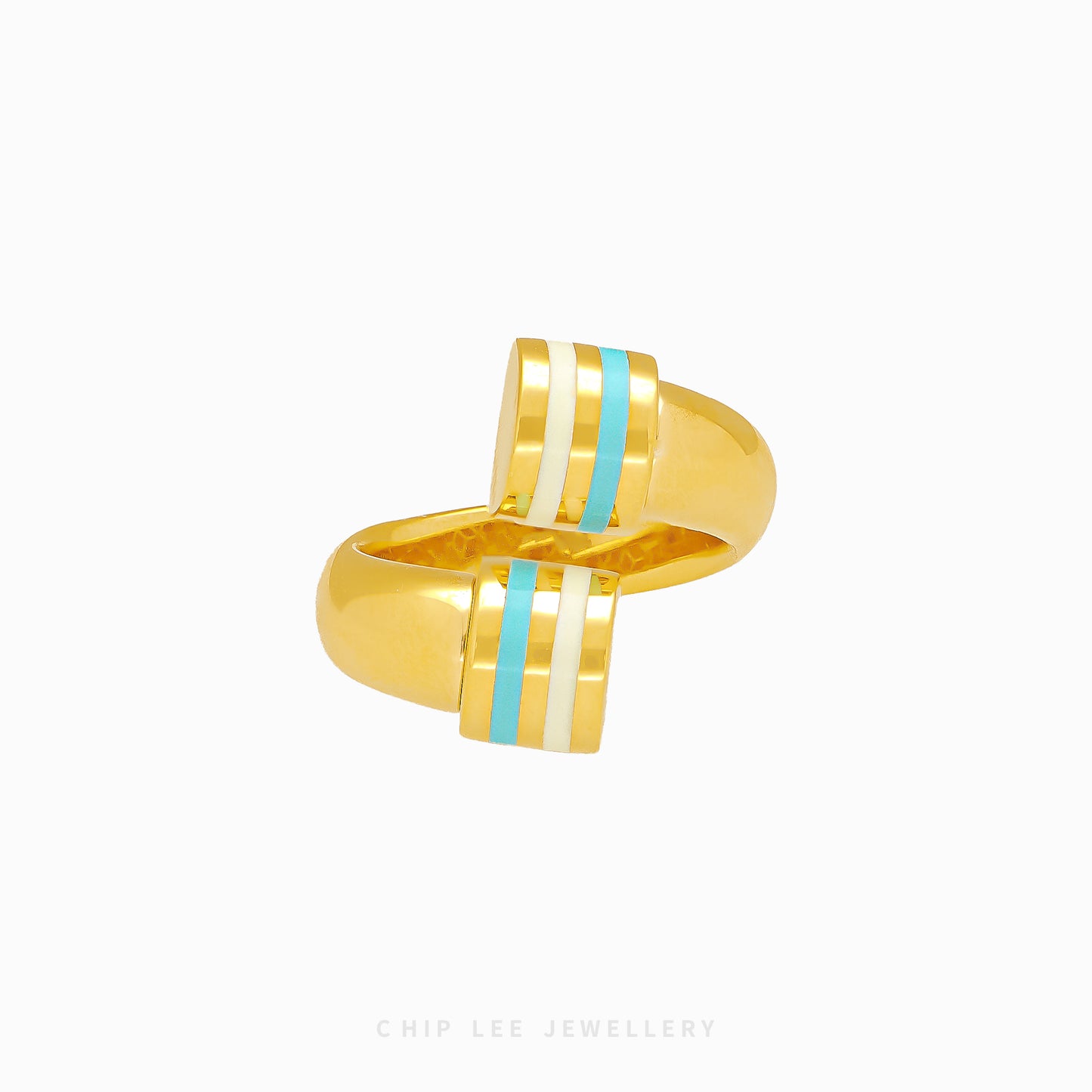 916 gold Turquoise & White Enameled Open Ring, hallmarked in Singapore for certified purity and authenticity.
