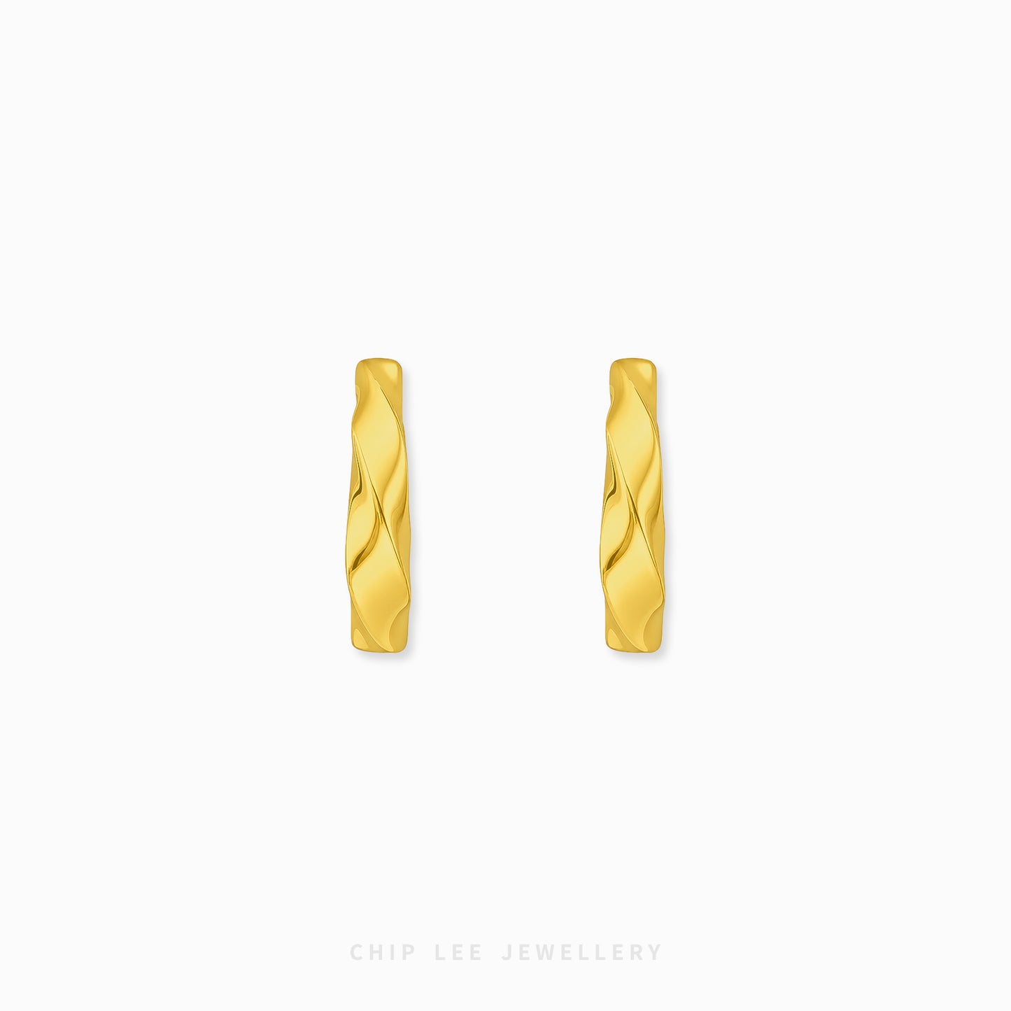 A pair of gold huggie hoop earrings with a twisted, textured surface, shown on a clean white background with the brand name 'CHIP LEE JEWELLERY' at the bottom.