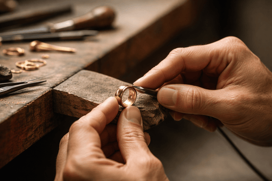 Gold craftsman hand-polishing a gold ring at a traditional jewellery workshop bench, showcasing fine craftsmanship, precision tools, and premium gold detailing.