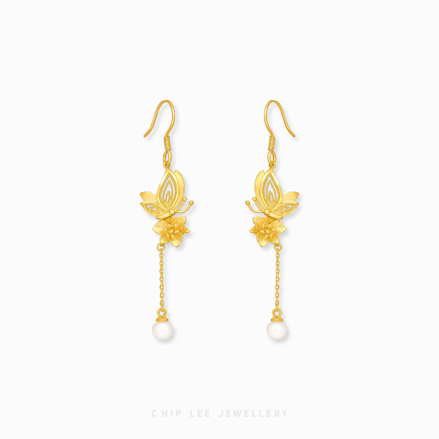 999 Pure Gold Dainty Floral Butterfly Pearl Earring