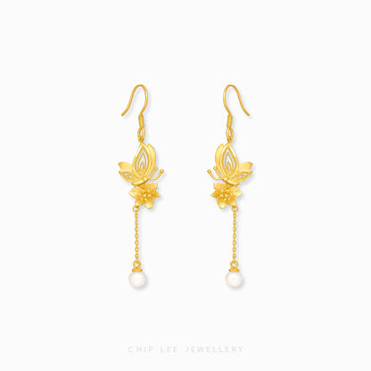 999 Pure Gold Dainty Floral Butterfly Pearl Earring