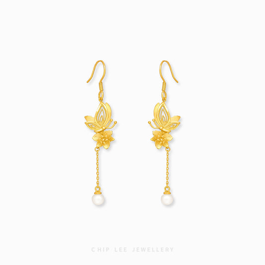 999 Pure Gold Dainty Floral Butterfly Pearl Earring