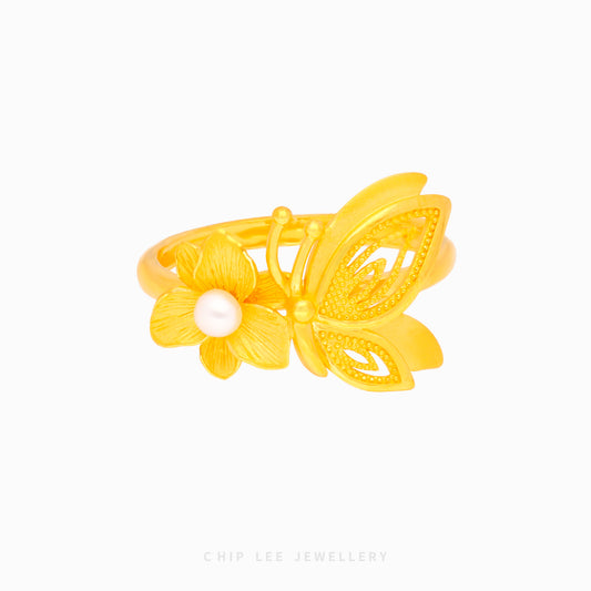 999 Dainty Floral Butterfly Pearl Ring