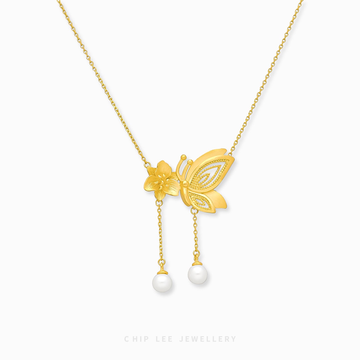 999 Pure Gold Dainty Floral Butterfly Pearl Necklace