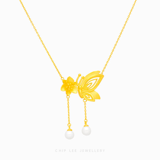 999 Dainty Floral Butterfly Pearl Necklace