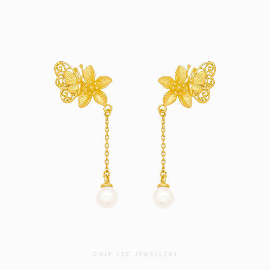 999 Pure Gold Floral Butterfly Pearl Earring