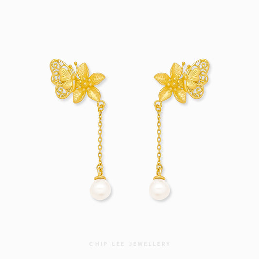 999 Pure Gold Floral Butterfly Pearl Earring